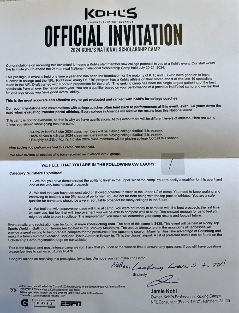 Nathan Kachel (@nathan_kachel) on Twitter photo Thank you <a href="/KohlsKicking/">Kohl's Kicking Camps</a> for inviting me to the 2024 National Scholarship camp as a top prospect. Can’t wait to compete!
<a href="/FayBulldogsFB/">Fayetteville FBall</a> <a href="/CoachAPowell/">Andre Powell</a> Thank you <a href="/KohlsKicking/">Kohl's Kicking Camps</a> for inviting me to the 2024 National Scholarship camp as a top prospect. Can’t wait to compete!
<a href="/FayBulldogsFB/">Fayetteville FBall</a> <a href="/CoachAPowell/">Andre Powell</a>