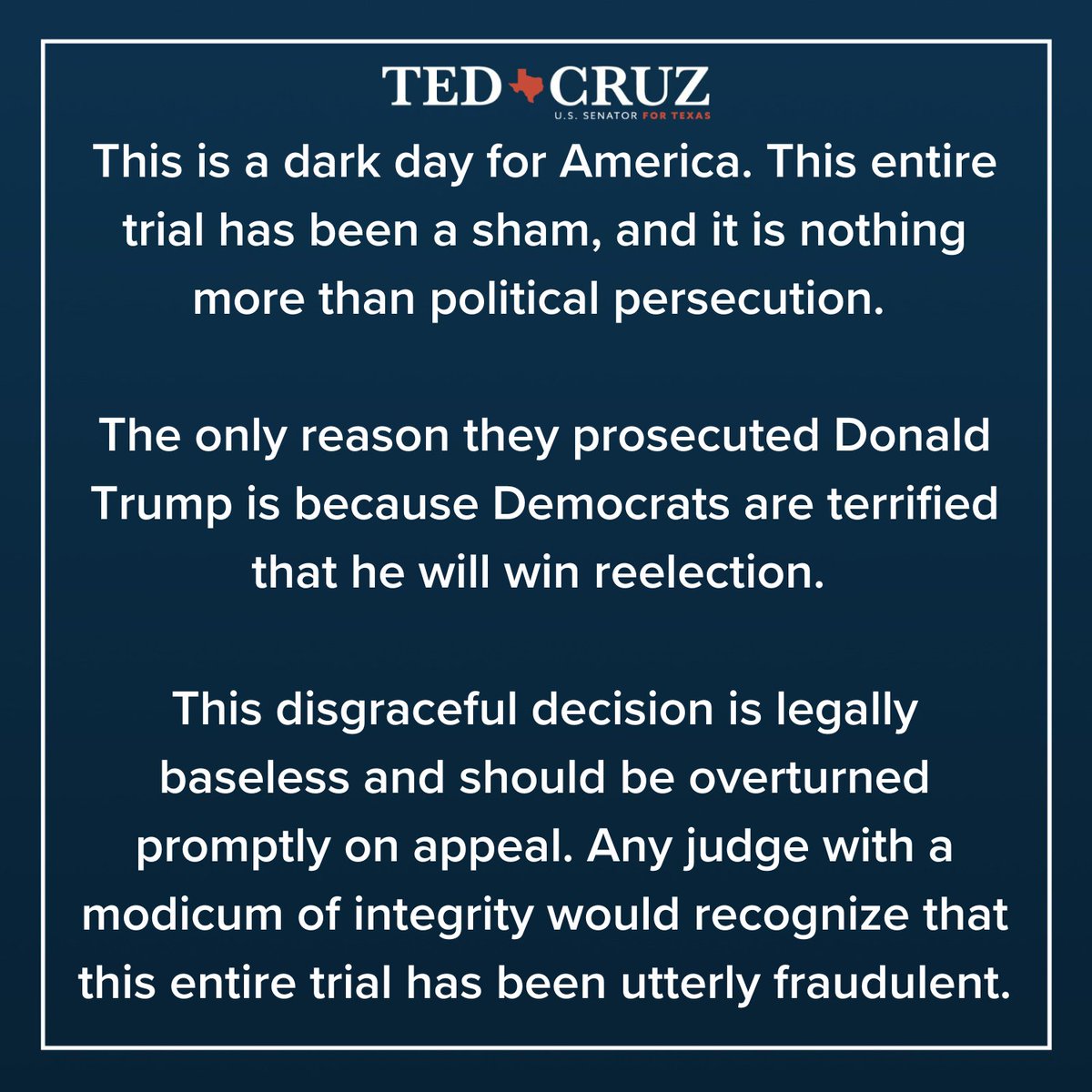 SenTedCruz's tweet image. RELEASE: My Response To The Trump Verdict