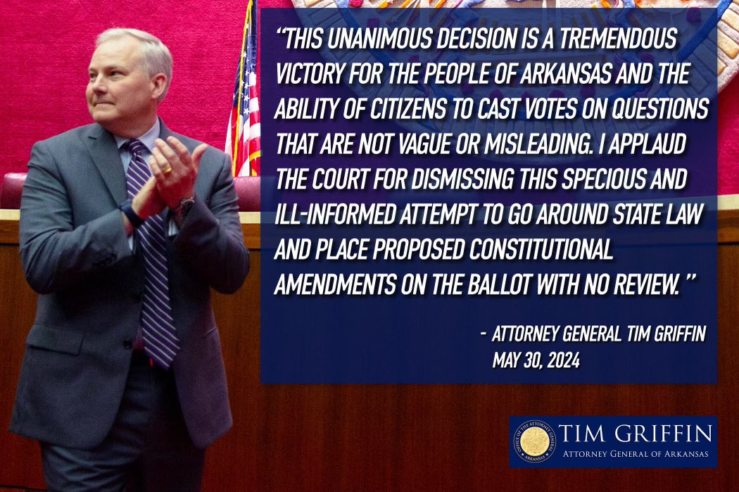 AGTimGriffin's tweet photo. Today, in a unanimous decision, the Arkansas Supreme Court dismissed Reynolds v. Thurston—a specious and ill-informed attempt to go around state law and place proposed constitutional amendments on the ballot with no review.

This unanimous decision is a tremendous victory for the people of Arkansas and the ability of citizens to cast votes on questions that are not vague or misleading.

This second consecutive win at the Supreme Court over the same group challenging our state’s election laws illustrates how Arkansas’s elected officials have passed laws that stand up to scrutiny. https://t.co/MZhgN5rJjY #arnews #arleg