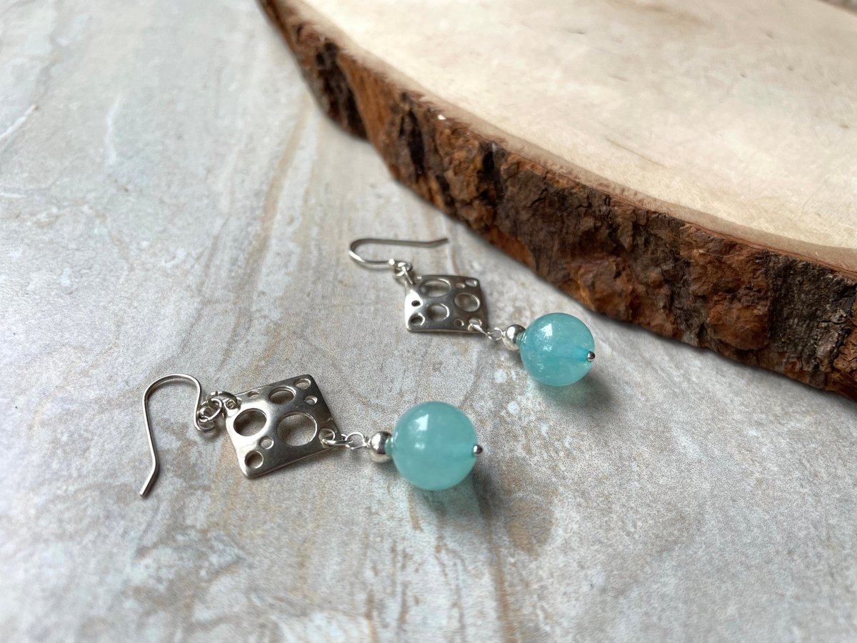 Aventurine Geometric Earrings, Sterling Silver Gemstone Earrings, Round Gemstones tuppu.net/74e4970d #JemsbyJBandCompany #Jewelry trends #Handcrafted