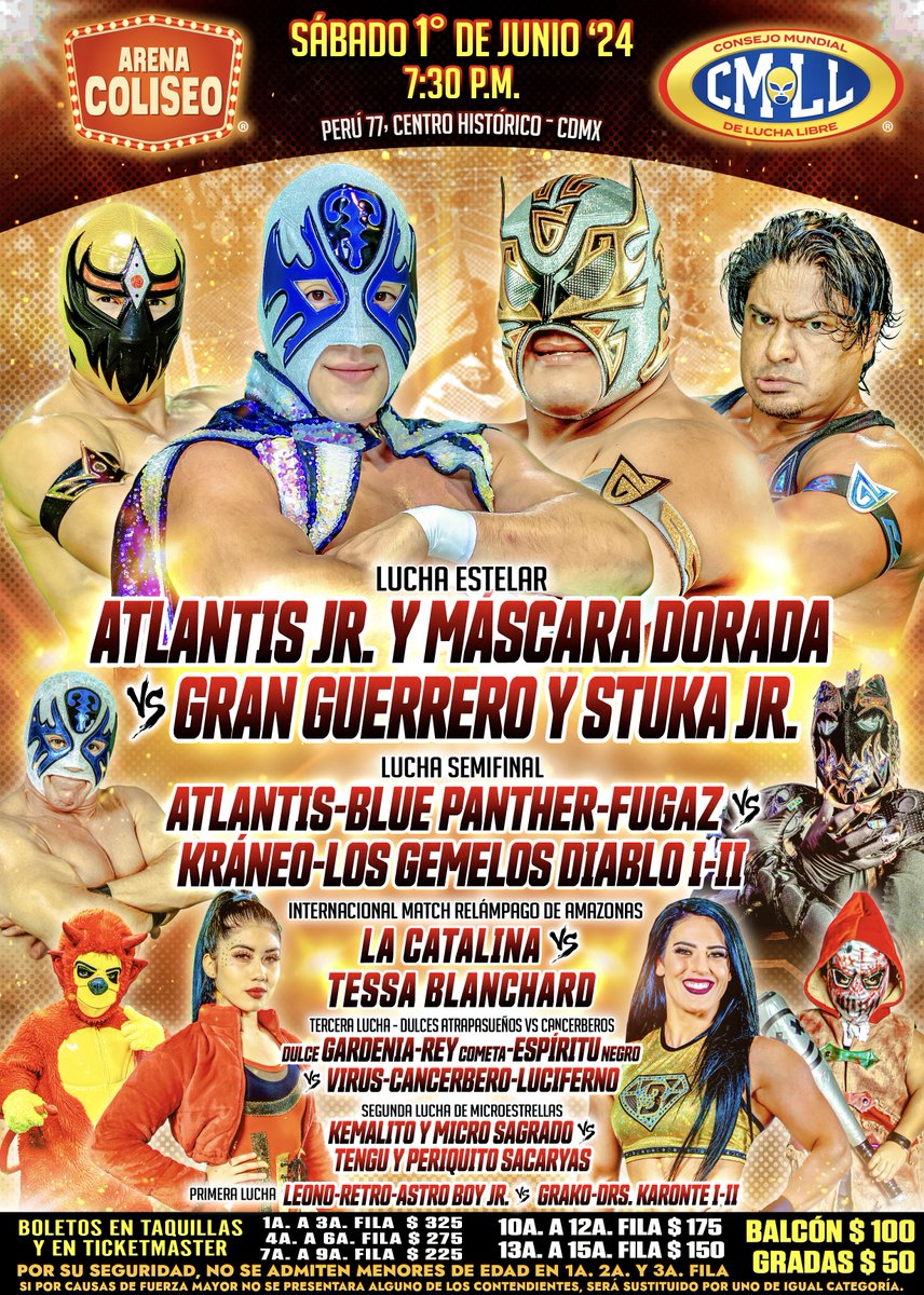 🔜 📍Arena Coliseo 🗓️ Sábado 1° de junio '24 🕢 7:30 p.m. 🎟️ Boletos en taquillas y en Ticketmaster: ticketmaster.com.mx/event/14005F5F… 📺 Transmisión EN VIVO en exclusiva para miembros ‘Leyenda’ del Canal youtube.com/channel/UC3lOp… ¡Únete ahora! #SábadoDeColiseo