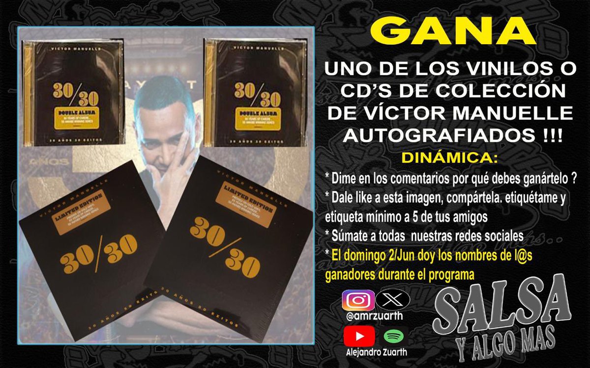 GANA TU VINILO O CD DE COLECCIÓN DE @VictorManuelle CON #SalsayAlgomas 

SIGUE TODAS LAS INSTRUCCIONES  PARA PARTICIPAR ‼️‼️‼️
.
.
.
#SalsayAlgomas #EdiciónEspecial #VíctorManuelleEnMéxico #SalsaParaTodos #GanateUnVinilo #GanateUnCD #AquiNomas