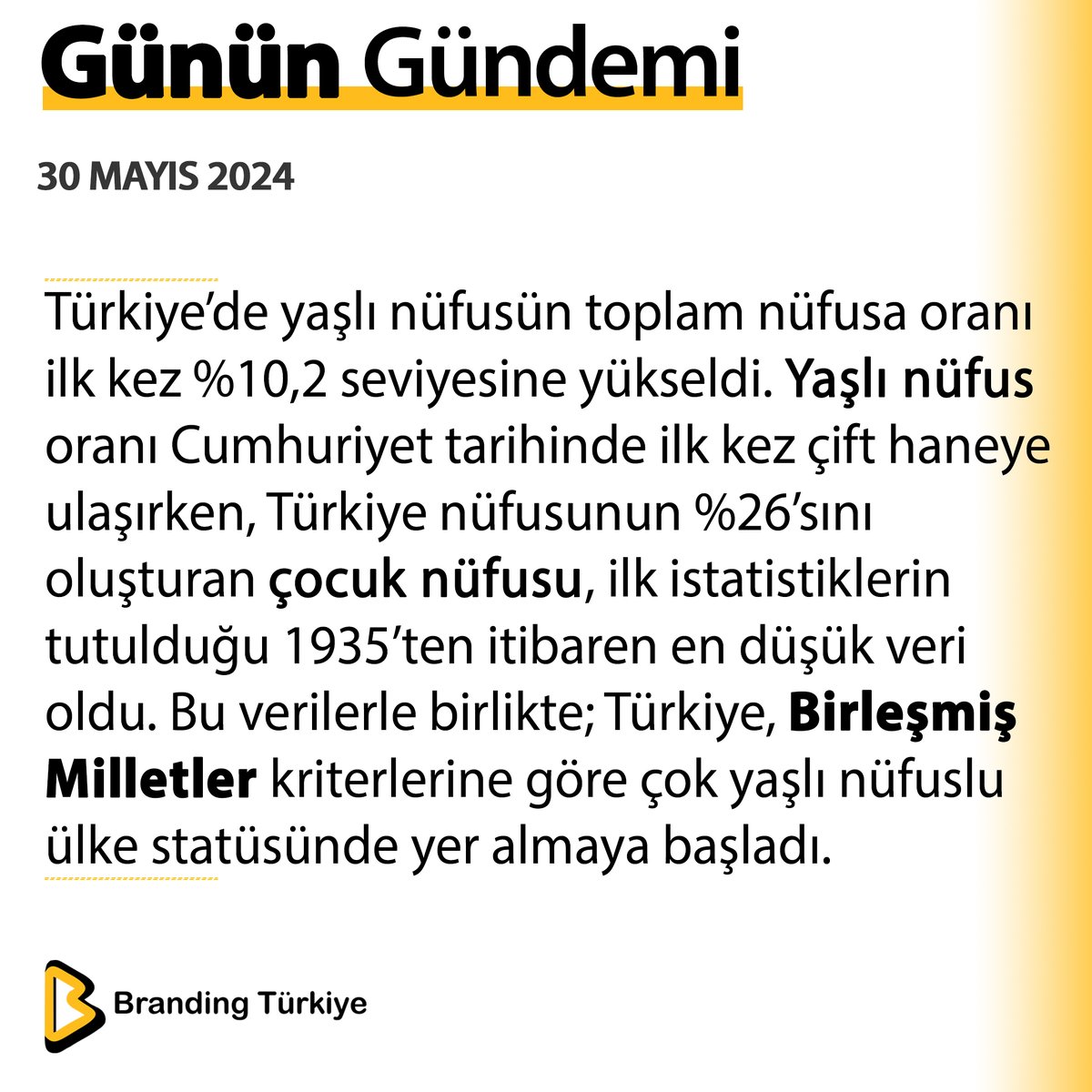 #30Mayıs2024

Türkiye’de yaşlı nüfusün toplam nüfusa oranı ilk kez %10,2 seviyesine yükseldi. 

▶ brandingturkiye.com
#BrandingTürkiye #Haberler #Cumhuriyet #Nüfus #BirleşmişMilletler #YaşlıNüfus #SonDakika
