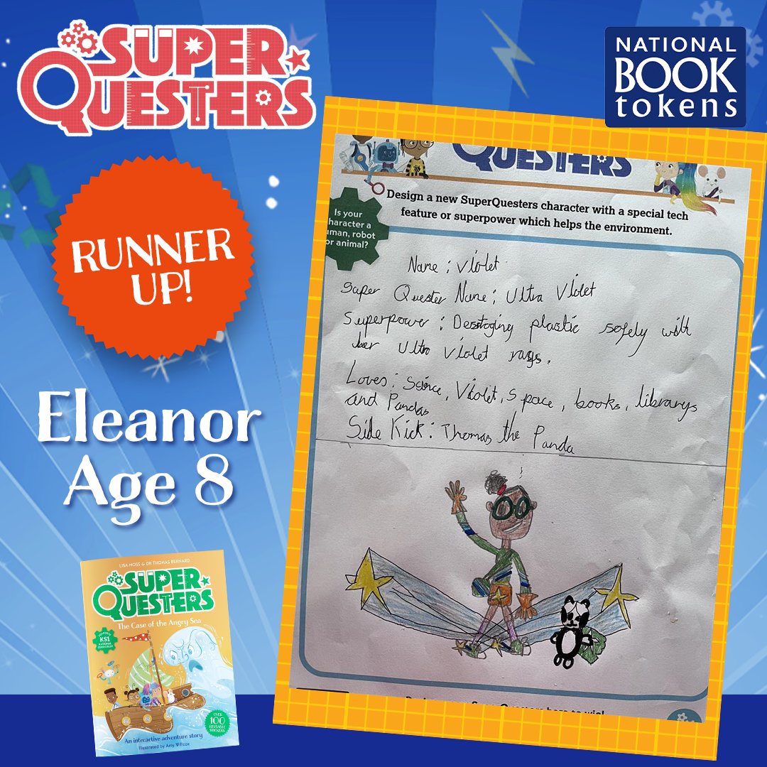 🎉 SuperQuesters Superhero Runners-up🎉 Eleanor, Age 8, was another one of our runners-up in the @book_tokens competition. Her new SuperQuesters superhero is Ultra Violet and her sidekick is Thomas the Panda. Check out the latest SuperQuesters book: bit.ly/SQ_CAS_Waterst…