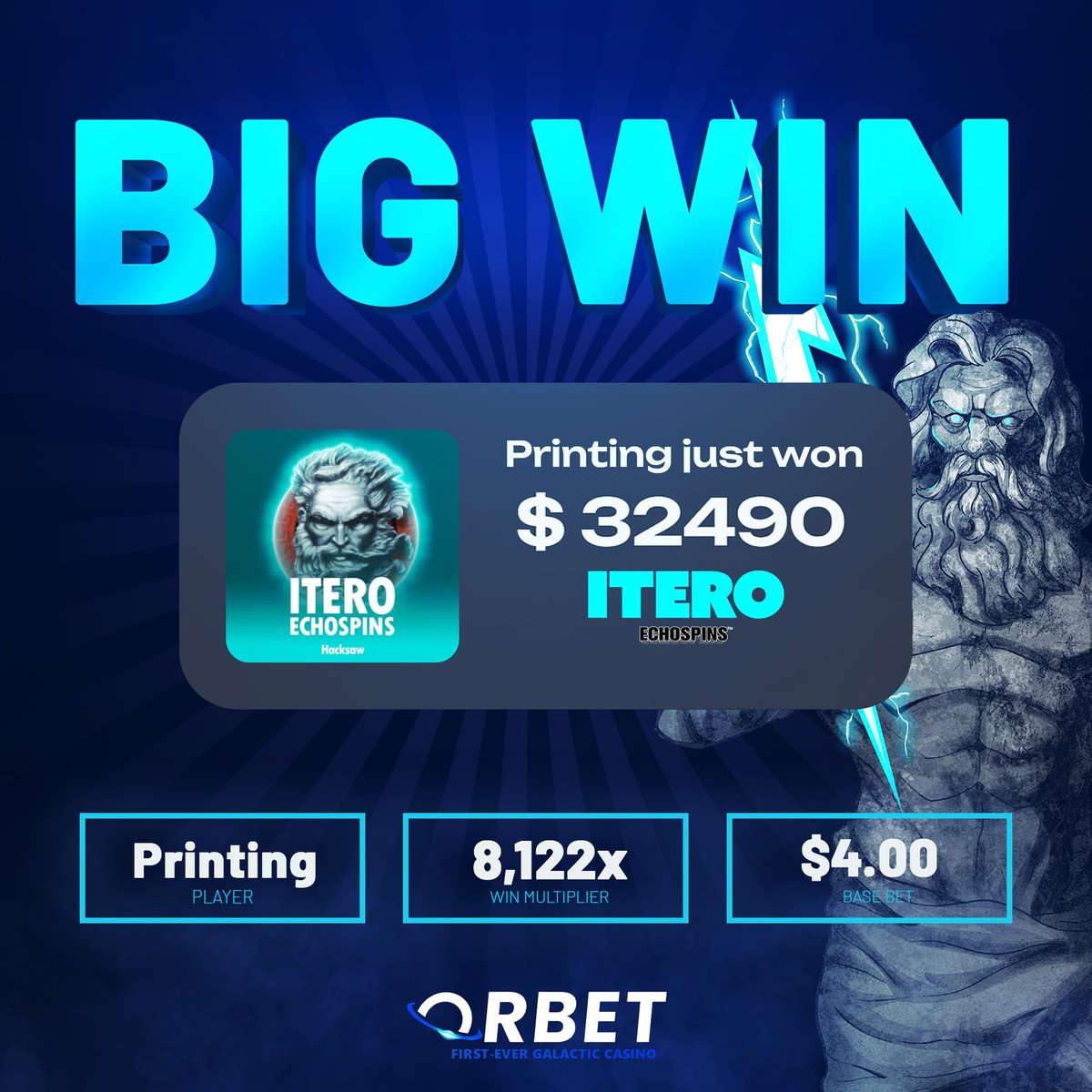 Orbet's tweet image. 🚨 RECORD WIN 🚨 
Congratulations to Player Printing who holds the biggest win on Orbet so far! From $800 to $32,490 🤑 

8,122x base bet win multiplier on 'Itero' Slot by Hacksaw Gaming ⚡️

Try your luck today at orbet.online/game/itero 🍀