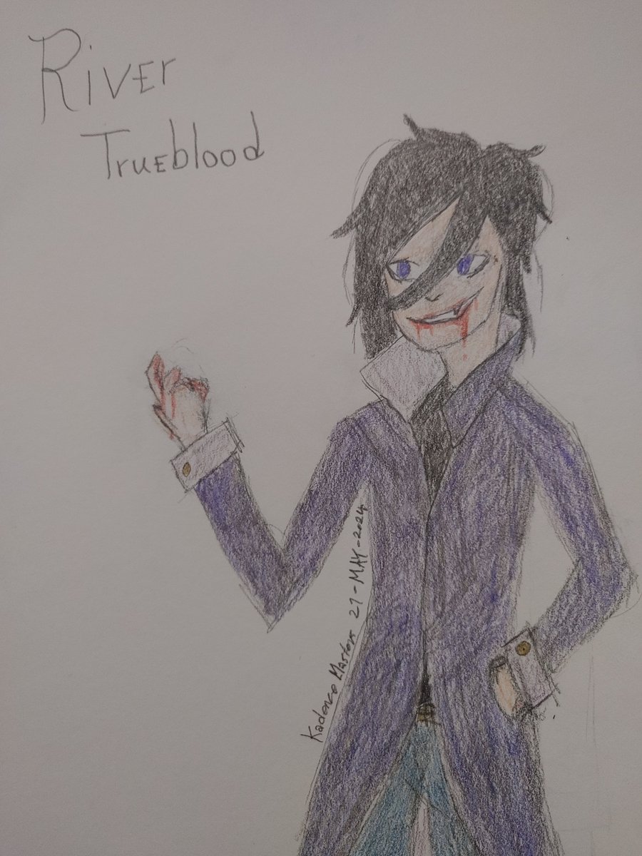 KadenceMasters's tweet image. &quot;What? Surprised?&quot;
Everyone, meet River Trueblood! This young vampire likes to bend expectations from their extremely traditional vampire family line. They are a little rebel, but I love them!
#OC #OriginalCharacter #ColoredPencil #Vampire #NBCharacter #Art