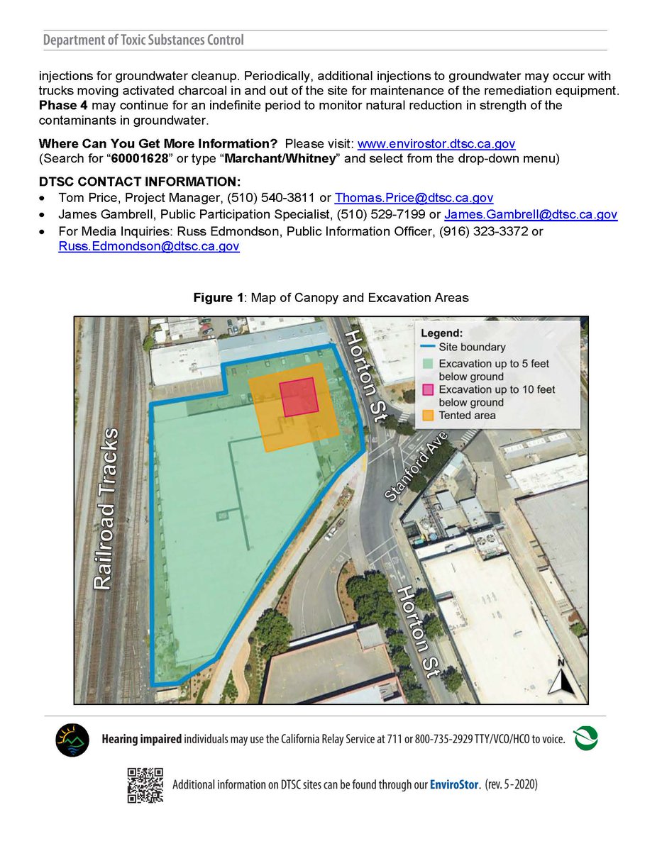 DTSC oversees the cleanup work for the Former Marchant/Whitney Site located at 5679 Horton Street. Work will take place May 28, 2024 to June 2025, Mondays through Fridays between the hours of 8:00 A.M. and 5:00 P.M.