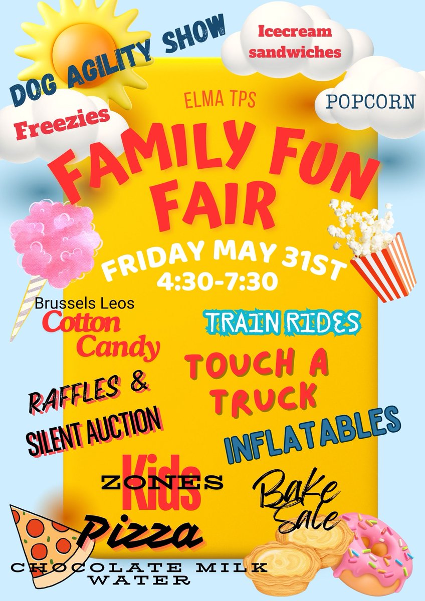 TOMORROW is Elma's Family Fun Fair! All are welcome. Please share with your friends and family.  So much fun for all!  Fri. May 31, 2024 from 4:30pm - 7:30pm.  Hope to see you there!