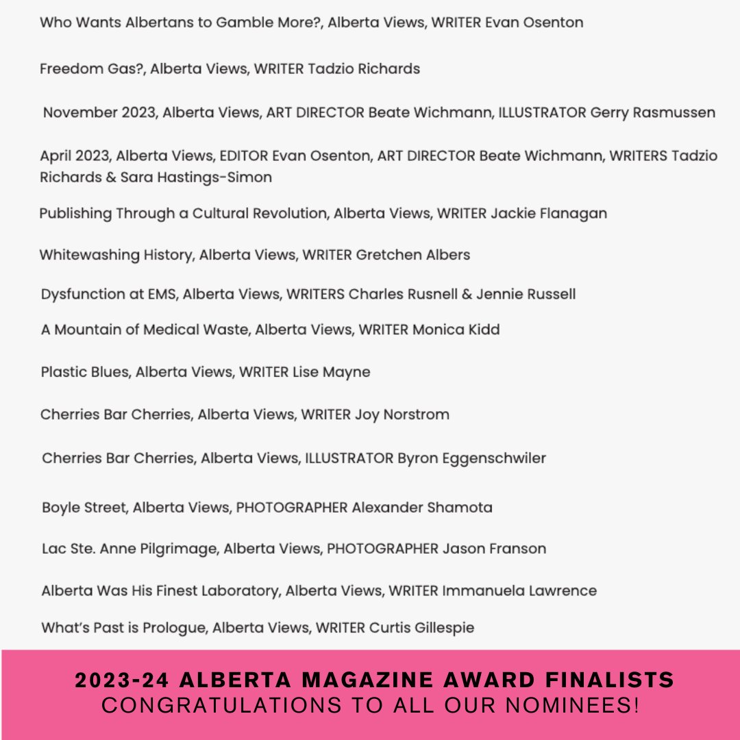 Thank you to all of our contributors and best of luck to our Alberta Magazine Award finalists!

Don't miss our award-winning work. Get your subscription here: albertaviews.ca/subscribe

#abpoli #ableg #cdnpoli #alberta #yyc #yeg 
@albertamags  @jasonfranson