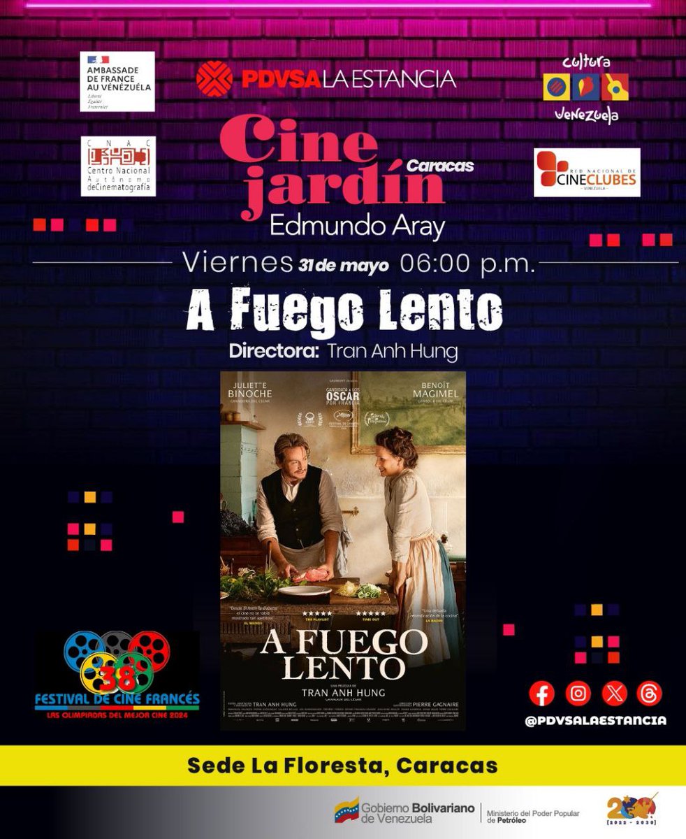 PDVSA La Estancia sede #Caracas presenta en su espacio Cine Jardín Edmundo Aray, la película A fuego lento, dirigida por Tran Anh y protagonizada por Juliette Binoche y Benoît Magimel en el marco del festival de cine francés 2024. PDVSA La Estancia espacio cultural de #PDVSA