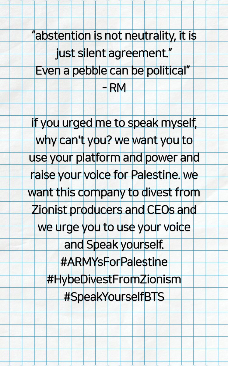 @ARMY4Palestine my other 2 got reported as soon as possible but this one is up (for now) #HybeDivestFromZionism #ARMYSforPalestine #SpeakYourselfBTS