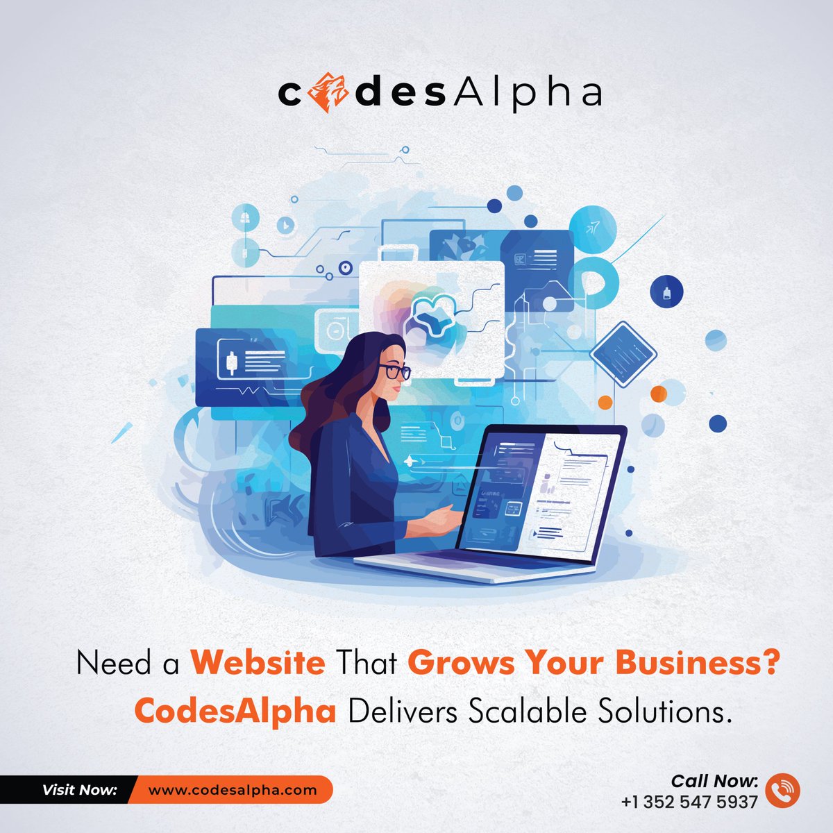 Strong Online Presence Is Key To Business Growth. Codesalpha Delivers Scalable Website Solutions To Empower Your Brand.

Call us at +123-456-7890
or
visit codesalpha.com to get started!

#codesalpha #webdesign #uxdesign #uiux #responsivedesign #websitedesign #branding