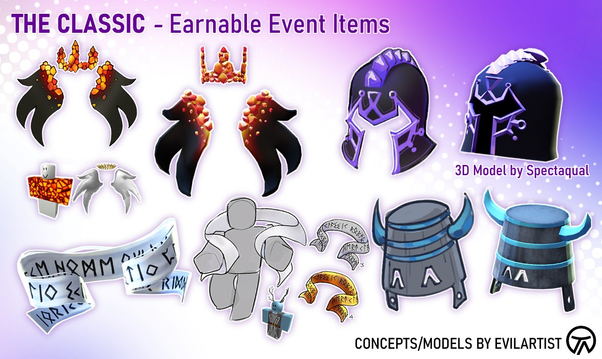 EvilArtist_'s tweet image. It&apos;s a beautiful day to share the concepts of the event items/bling track,,, 
Names/Desc. were the most fun to come up with, but finding which old classics we wanted to reference was *chefs kiss* #RobloxClassic 
Special thanks again to @Spectaqual for modeling the epic helm 👏