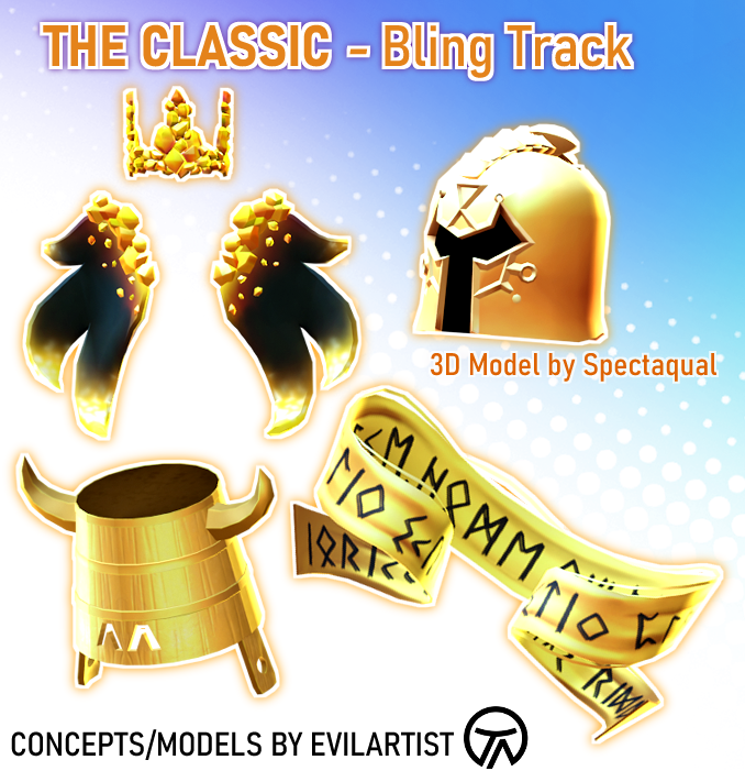 EvilArtist_'s tweet image. It&apos;s a beautiful day to share the concepts of the event items/bling track,,, 
Names/Desc. were the most fun to come up with, but finding which old classics we wanted to reference was *chefs kiss* #RobloxClassic 
Special thanks again to @Spectaqual for modeling the epic helm 👏