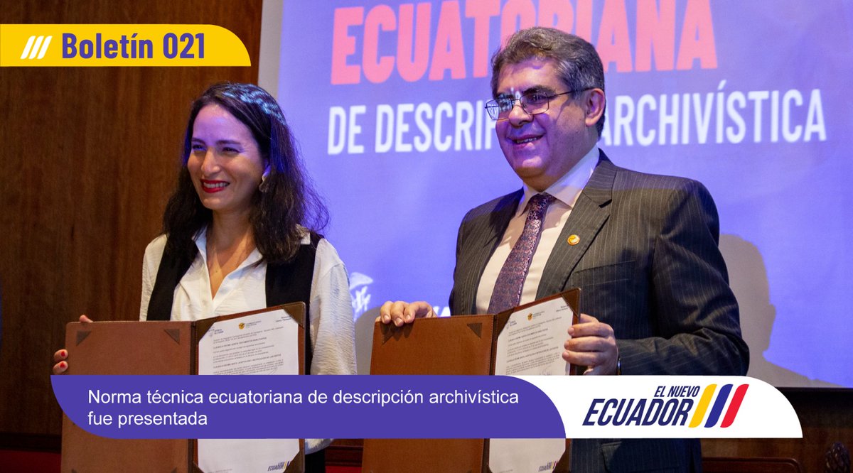 #Boletín 🗞 | Se presentó en Quito la ‘Norma Técnica Ecuatoriana de Descripción Archivística’ (NTEDA).

Este instrumento normativo es un esfuerzo tripartito de esta cartera de Estado, la @uasbecuador y el @AHNEcuador.

Conoce más ⬇️
culturaypatrimonio.gob.ec/norma-tecnica-…

#ElNuevoEcuador