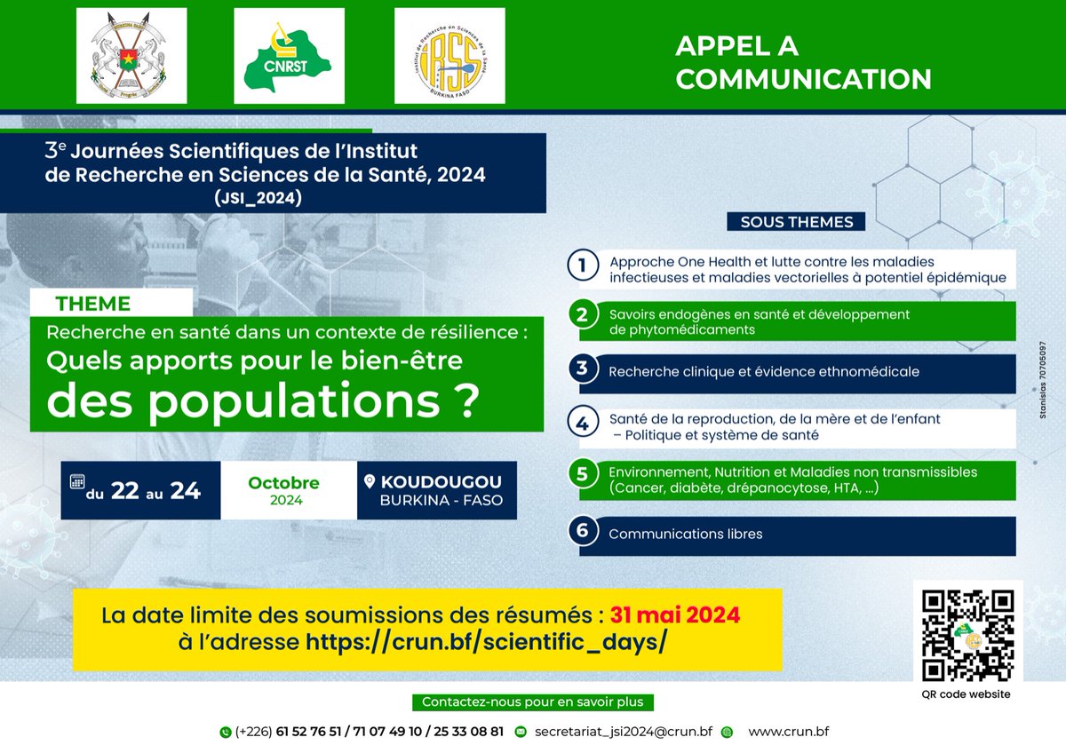 RAPPEL SOUMISSION RESUMES JSI_2024
Les soumissions se font  en ligne au lien suivant : redcap.link/jsi2024-abstra…
Pour plus de détails : crun.bf/scientific_day…
Venez vous joindre à la communauté scientifique du 22 au 24 octobre 2024 à Koudougou.
#CNRST #IRSS #CRUN #JSI_2024
