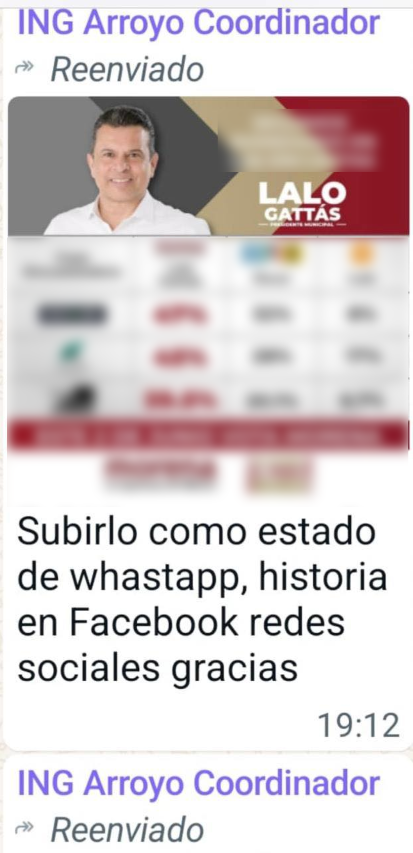 #CdVictoria Incumpliendo la veda electoral, los directivos de tránsito y vialidad están dando instrucciones en grupos de WhatsApp para difundir encuestas falsas que benefician al presunto delincuente @SoyLaloGattas @TodosSomosIETAM @INEMexico