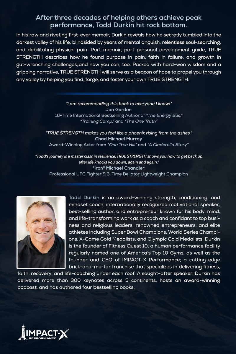 ToddDurkin's tweet photo. I reveal to you for the first time, the cover of my new book and memoir, called TRUE STRENGTH: 31 Hard-Earned Lessons for Overcoming Life’s Most Turbulent Times.

Some of the essentials that are on the book:

1. The LIGHTHOUSE. This represents light and how there is a light inside of each of us. That light needs to radiate inside of each of our communities. #BeTheLighthouse 🙌🙌

2. TURBULENT SEAS. It was a very tough, challenging, confusing and turbulent 3.5 years. TRUE STRENGTH is a memoir that depicts that entire time…and shares my LESSONS. 💪💪

3. The Foreword by Pastor David Jeremiah.
He’s been a very close friend and mentor for many years and to have him right the foreword to this book is a tremendous honor. I can’t wait for you to hear his words and they depict TRUE STRENGTH in every way. 😳🙏

4. The Endorsements. You see three endorsements on the back of the book, from my friends @jongordon11 @chadmichaelmurray and @mikechandlermma. I’m proud to share some incredible words of encouragement and praise for TRUE STRENGTH and what it offers every reader. Huge thanks to all my friends who shared their kind words on what TRUE STRENGTH is all about.

Let me know what you all think!! I’m extremely proud to present to you all the cover of TRUE STRENGTH that displays the highs and the lows, the dark and the light, the anger (yes, it exists) and the love, and the emptiness and the clarity that exists in all of us. That is TRUE STRENGTH.
🙏🙏🙏🙏

The book officially goes live TOMORROW, May 31, for pre-sales at https://t.co/iVnkvTI9G9

Drop your excitement below…and order tomorrow if you automatically want a signed-copy!! ⬇️