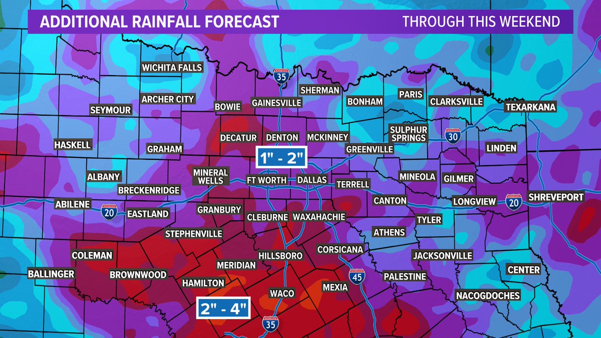 An additional 1'-4' of rain across North Texas through this weekend. The ground is holding about as much as it can, so any periods of heavy rain could cause isolated flash flooding. #wfaaweather