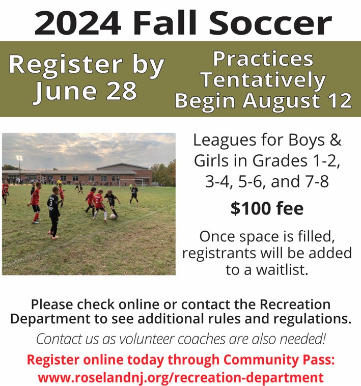 Boys and girls from grades 1 to 8 can take part in the Recreation Soccer program! Space is limited, so register by June 28 if you are interested in signing up! $100 fee to participate.

LEARN MORE: roselandnj.org/recreation-dep…