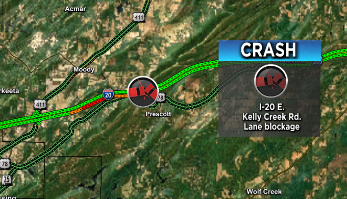 FIRST ALERT: There is a crash on I-20 E. at Kelly Creek Rd. in #Moody with lane blockage. @WBRCnews #wbrctraffic