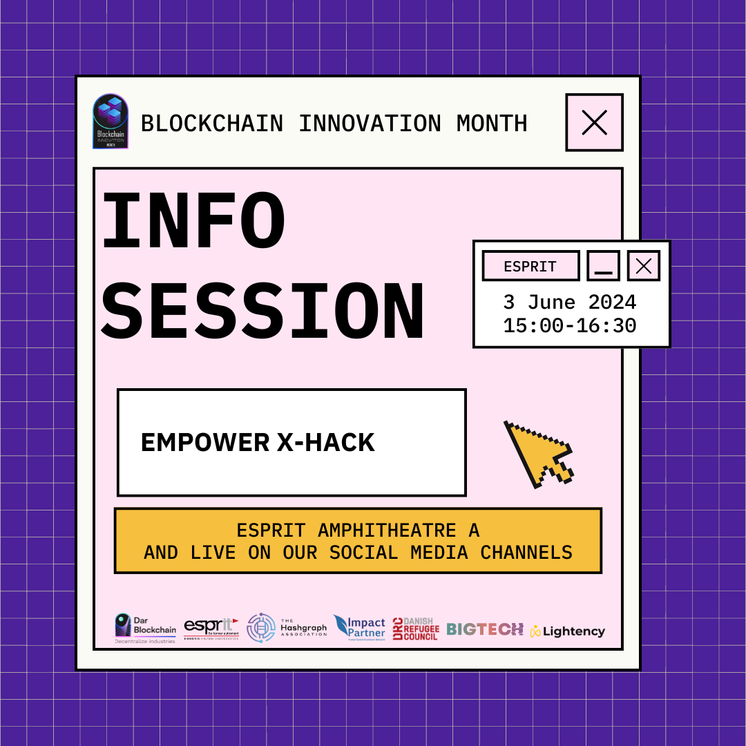 DarBlockchain's tweet photo. 🚀 Students! Join us on June 3rd at Esprit Amphitheatre or online for the Empower X-Hack Info Session. Dive into blockchain tech for sustainability &amp; win big! 📷

Register here: 

https://t.co/Q39gLF9CgG https://t.co/V6T6n7jwzZ