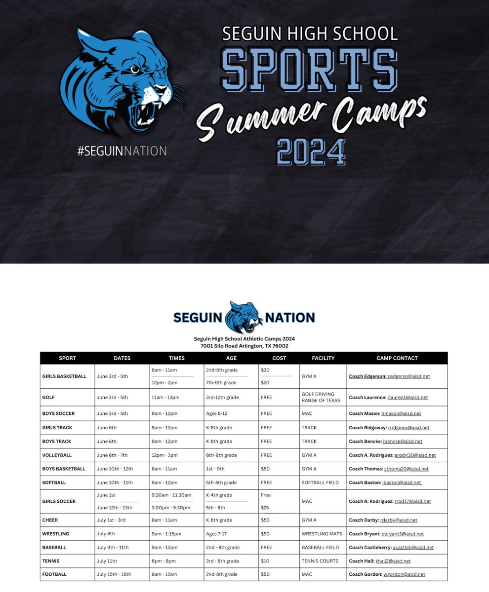 SeguinBoys's tweet photo. #SeguinNation Families, 
Please see the link below and the attached flyer for information on Summer Athletic Camps at #SeguinNation.  We look forward to having our future Cougs on campus this summer. https://t.co/ayNKINfqUq