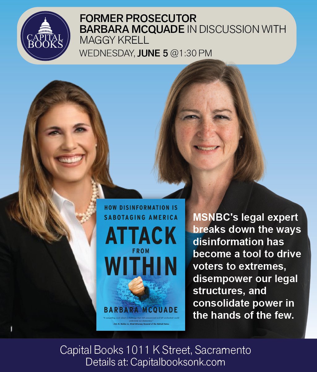 Next Week! <a href="/BarbMcQuade/">Barb McQuade</a> is in conversation with <a href="/maggykrell/">Maggy Krell</a> on Jun 5th at 1:30 at the Crest Theater on K St.

Ticket includes a signed book!
thereandbackcafe.ticketspice.com/barbara-mcquade