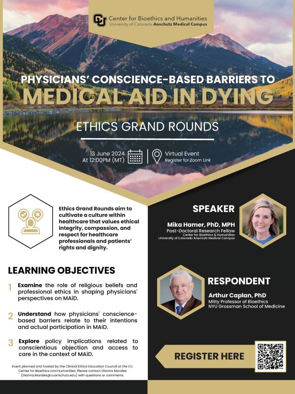 Choosing to end one's life early is controversial, even among physicians who encounter moral barriers in concept and practice in states like Colorado where it is legal. Join us for new insights from our team's latest research under Dr. Mika Hamer @CUAnschutz, w/ @ArthurCaplan