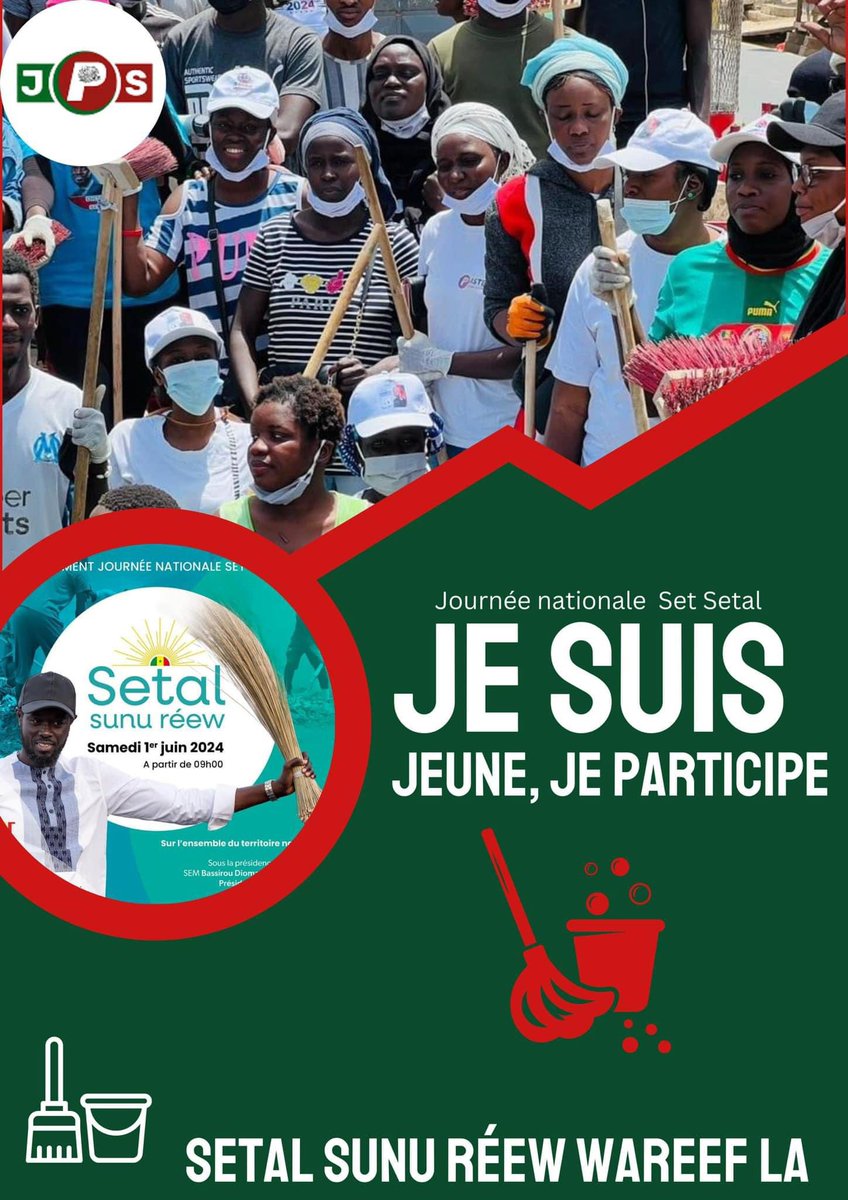 En prélude de la journée nationale de Set Setal lancée par son Excellence Bassirou Diomaye Diakhar FAYE et prévue ce samedi 01 juin 2024, le Bureau Exécutif National de la Jeunesse Patriotique du Sénégal (JPS) appelle les jeunes patriotes du Sénégal à la mobilisation générale.