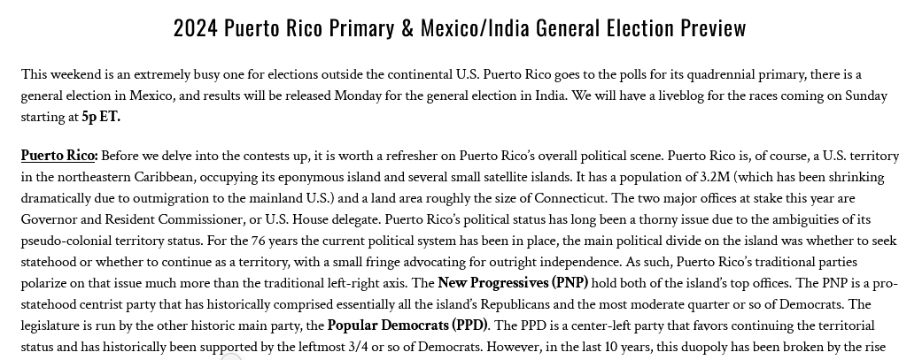 RRHElections's tweet photo. Want political news not involving Trump? This weekend, there are primaries in Puerto Rico, a general election in Mexico, and results will be released for India's election. We preview these contests, including hot primaries for #PRGov and #PRAL, here: https://t.co/x5waTcYH0g https://t.co/YnNNdBPnyB