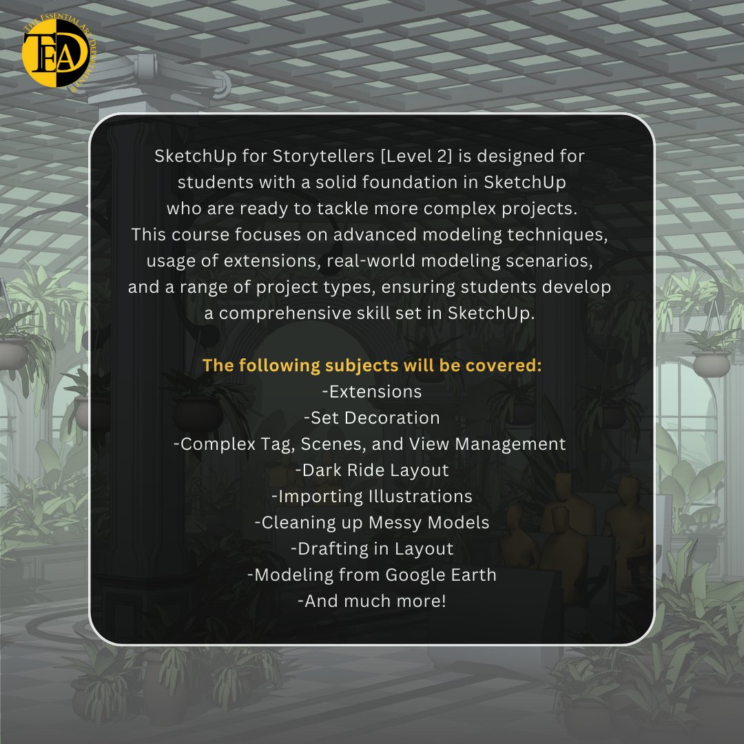 Essential_AD's tweet photo. SketchUp for Storytellers [Level 2] REGISTRATION NOW OPEN! 

Please Note: Level 1 is a prerequisite for this course. If you have any questions about this, please message us.

Class capacity is limited! https://t.co/ihRZXW6ZVS

#SketchUp #OnlineClass https://t.co/ROhBAn2x4t