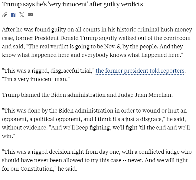 #USDemocracy, #DemVoice1, #DemsUnited Some post-verdict updates from abcNews site regarding the conviction of #FirstFelon. Its evil heart must have been sinking deeper and deeper with each verdict of guilty. Flinging its arms on its way out of court, like the petulant toddler