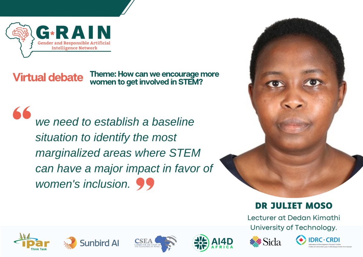 Discover Dr Juliet Moso's message during the Virtual Debate on “How to push more women into STEM”. 
#4IR #AI #IAinAfrica #GenderInclusion  #GenderEquality
#GRAIN #IPAR #cseaafrica #SunbirdAI #AI #Gender