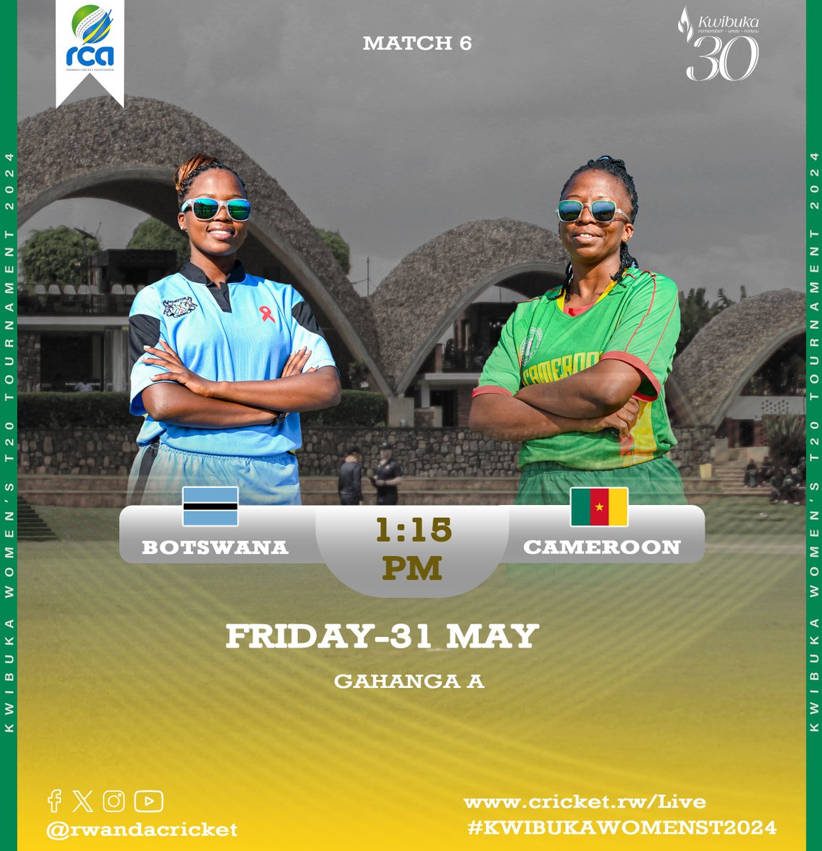 🏏 Kwibuka Cricket 2024 - Game 6🏏
🇧🇼 Botswana Women vs. 🇨🇲 Cameroon Women
Tomorrow Both teams will be looking to bounce back after losing their first games. Get ready for an intense showdown in the afternoon!
#KwibukaCricket2024 #BotswanaVsCameroon #CricketForAll #LiveCricket