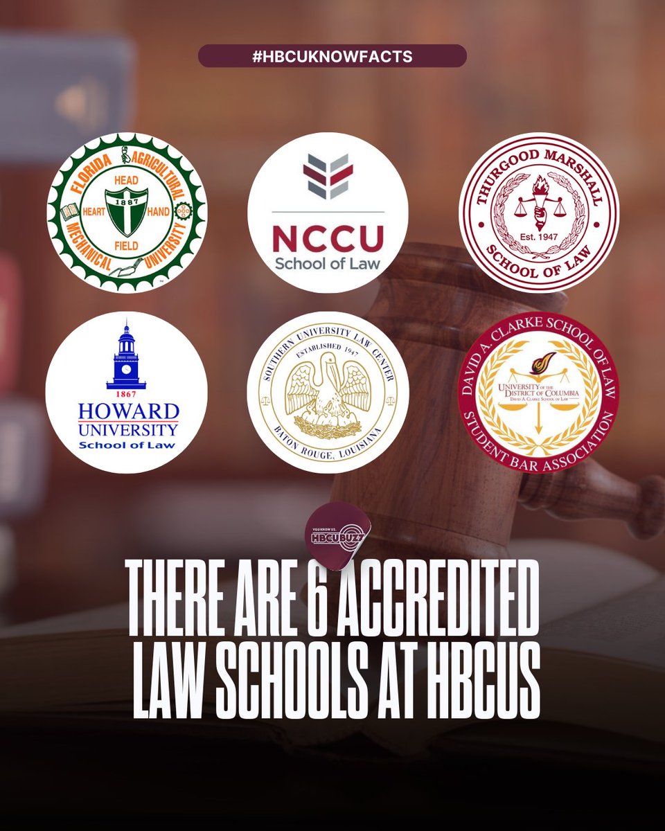 #HBCUKNOWFACTS 🗣  : Did you know there are SIX HBCUs with accredited Law Schools? 🤔⚖️

#HBCUBUZZ #FAMU #NCCU #HowardU #SouthernU #UDC #TxSU #HBCULawSchools