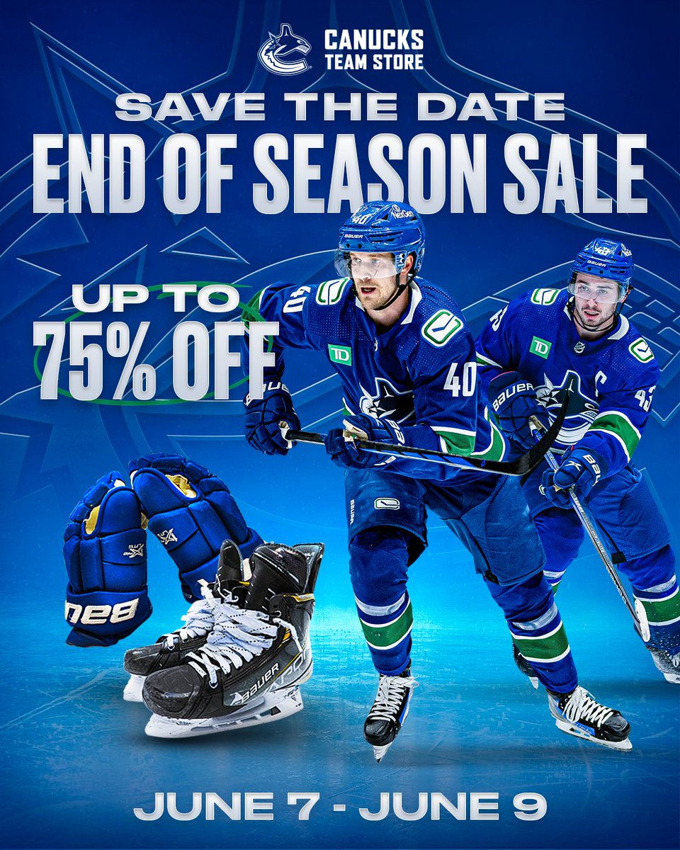 SAVE THE DATE! 📅 The #Canucks End of Season sale is happening soon! From June 7-9, shop Canucks player gear and save up to 75% on select merchandise. Visit the Team Store at Rogers Arena to save!