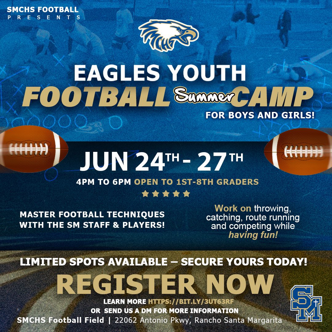 Santa Margarita Youth Football Camp is coming up! Get your kids signed up to work with SM coaches and players before the camp fills up! Registration link is in Bio #GoEagles🦅 #WeAreSM