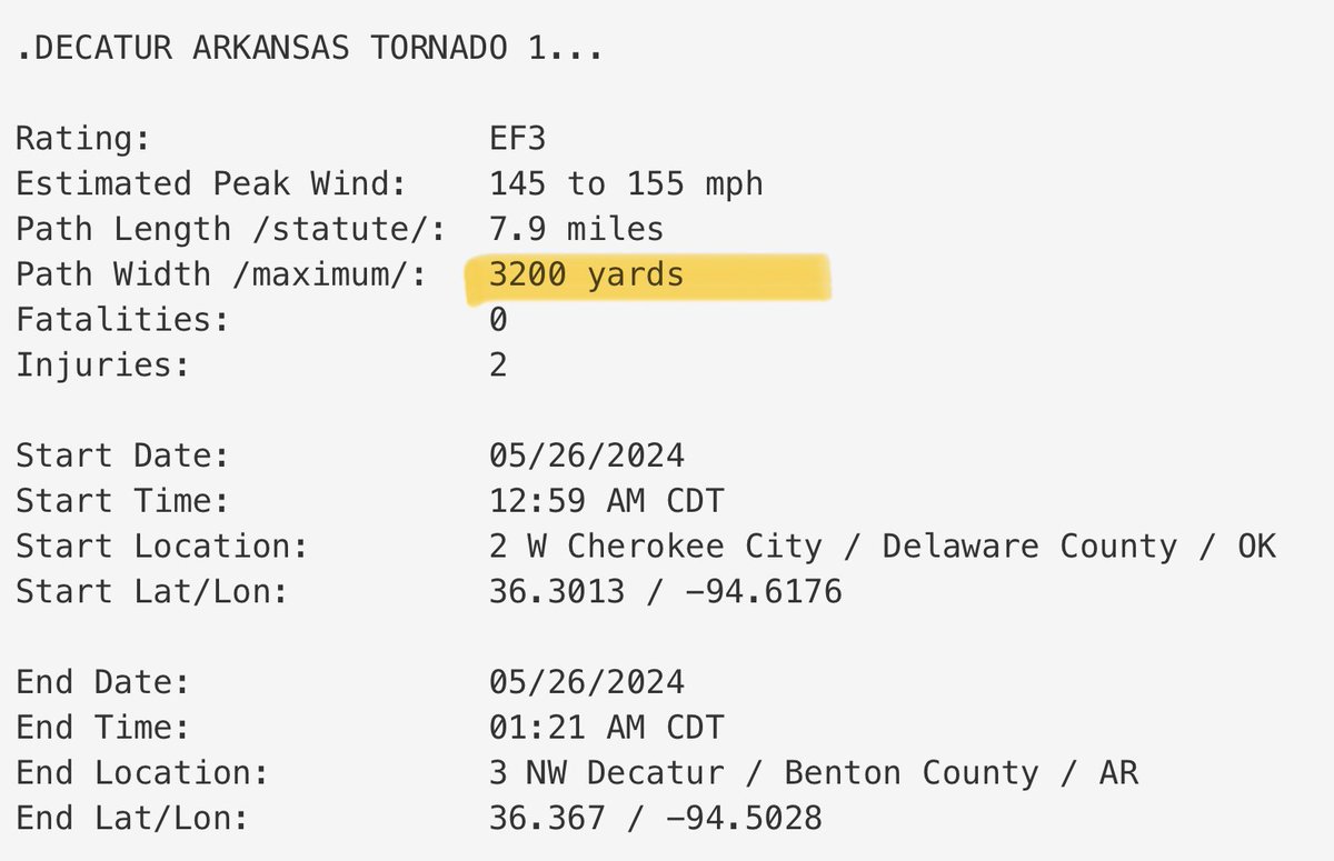 WXJoshua's tweet photo. It’s hard to comprehend that the same supercell on Saturday produced 2 nearly 2 mile wide tornadoes within a few miles of one another. Previous record for max width tornado in Arkansas was 1.6 miles wide. This storm alone took #1 and #2 widest tornadoes in the state… #ARwx https://t.co/DgSE9sWgh9