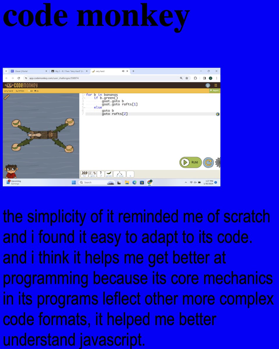 My middle school class had a HTML Final Project and they needed to write a blurb about Code Monkey and here is what they wrote.

#computerscience #k12coding #coding #codemonkey #code #programming #html #javascript #learntocode #hourofcode
@LaurenRataj3 @CodeMonkeySTU