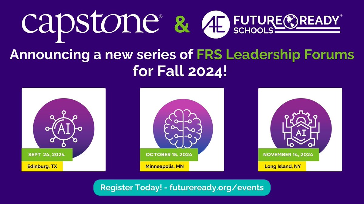 Exciting News! 😲 
#FutureReady & @CapstonePubare thrilled to announce a new series of FRS Leadership Forums later this year. These free, one-day events are designed to equip educators with the skills needed for the future of education.
More here: all4ed.org/events