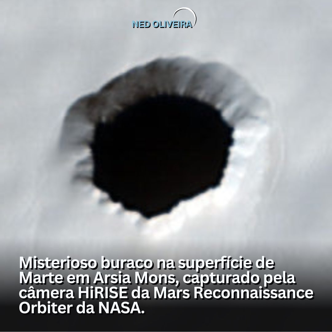 👩‍🚀 Esta imagem foi capturada pela câmera High-Resolution Imaging Science Experiment (HiRISE) no Mars Reconnaissance Orbiter (MRO) da NASA.

O poço tem apenas alguns metros de diâmetro e fica na região de Arsia Mons, em Marte. Arsia Mons é um dos três vulcões adormecidos do grupo