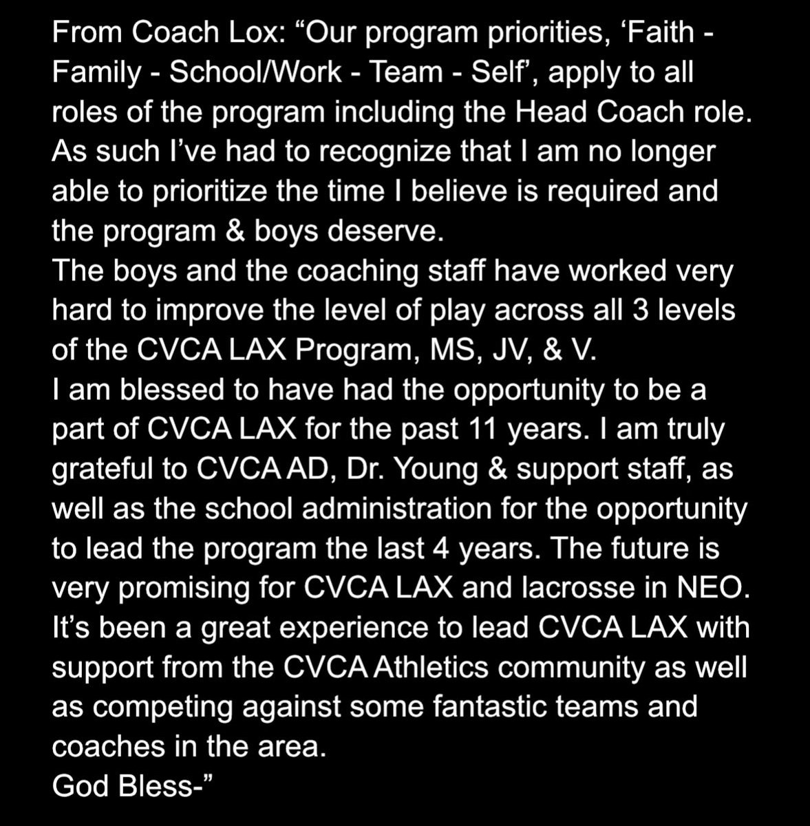 Coach Loxley will step down as CVCA LAX Head Coach following CVCA LAX youth camp in June. <a href="/CVCAathletics/">Royals</a>