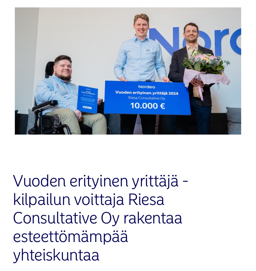 Vuoden #ErityinenYrittäjä 2024 on Riesa! nordea.com/fi/media/2024-… #esteettömyys #saavutettavuus
