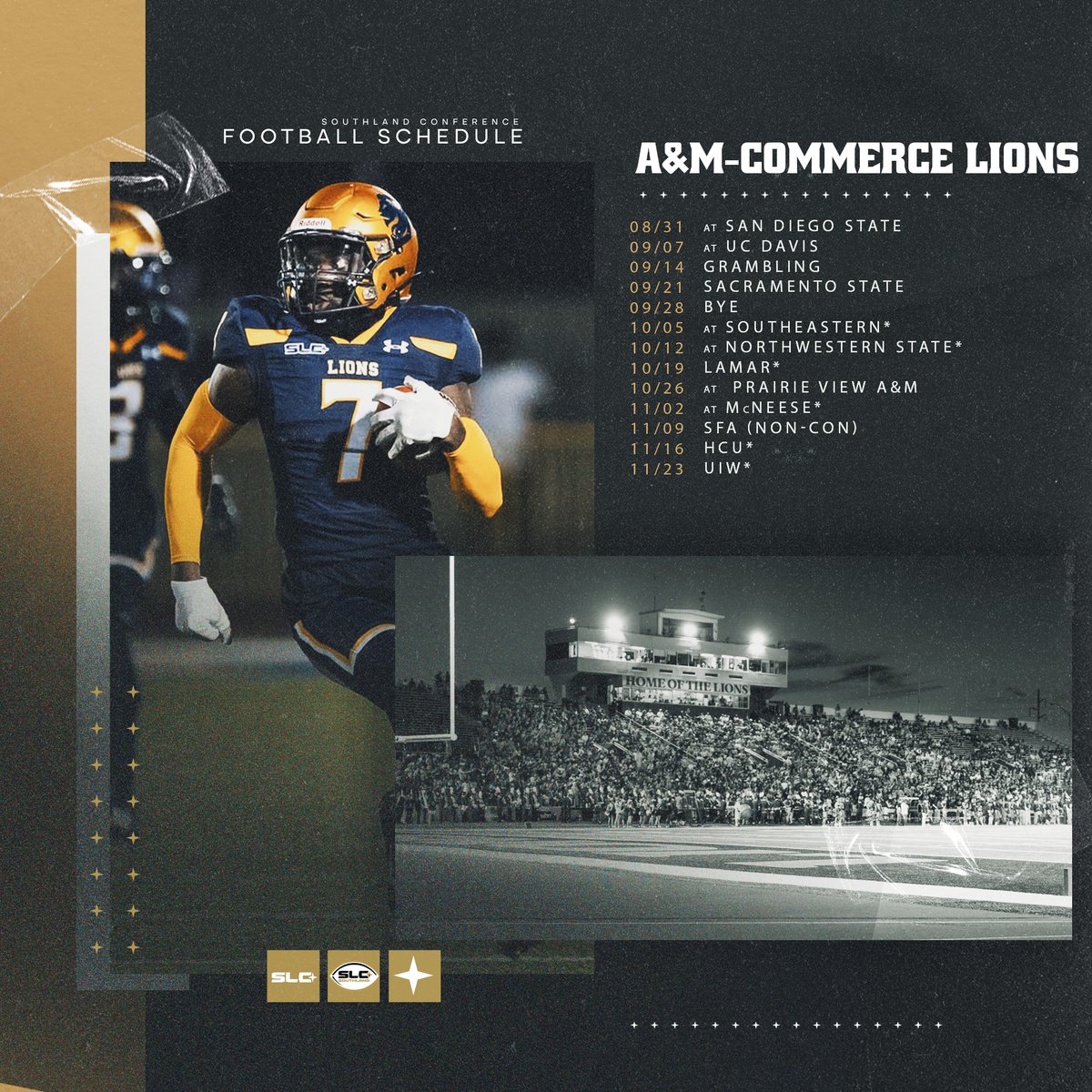 SouthlandSports's tweet photo. The 2024 Texas A&amp;M-Commerce Lions Football Schedule 🦁

#EarnedEveryDay x @Lions_FB https://t.co/7qBGLEQya5