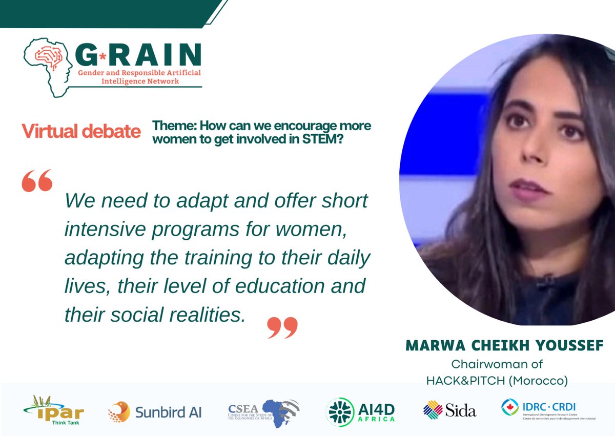 Discover Marwa Cheikh-Youssef's message during the Virtual Debate on “How to get more women into STEM”. 
#4IR #AI #IAinAfrica #GenderInclusion  #GenderEquality
#GRAIN #IPAR #cseaafrica #SunbirdAI #AI #Gender