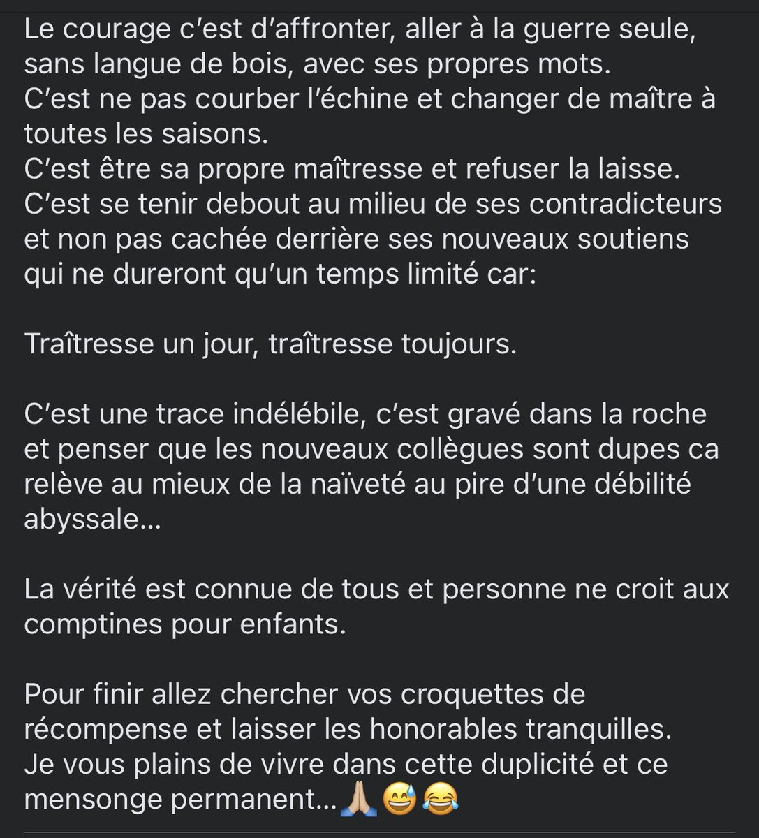 Après avoir lu une fable me vient cette réflexion.
L’honneur et le courage ne s’achètent pas…😌
On les a dans le sang, ils se voient dans les actes et non pas dans des palabres dignes des plus grand(e)s mythomanes.
#Eluessansboussole
#mythosdecompétition
#traitresses
#duplicité