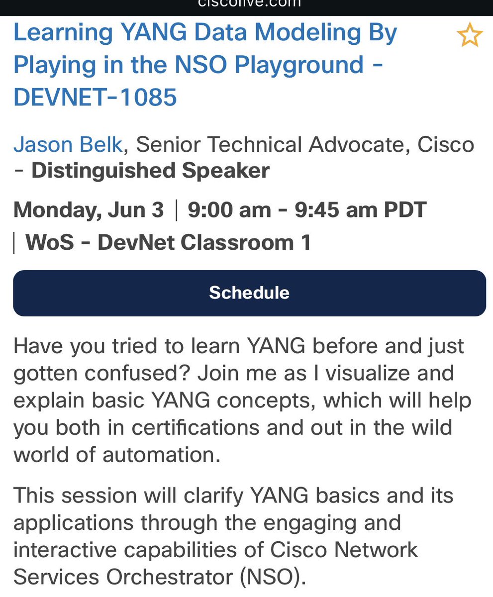 renobelk's tweet photo. My three sessions for #ciscolive next week!

1. Learn #Yang using NSO
2. Learn @Splunk Basics
3. How to Prep for DEVCOR exam

@LearningatCisco https://t.co/tyoDzXUoJB