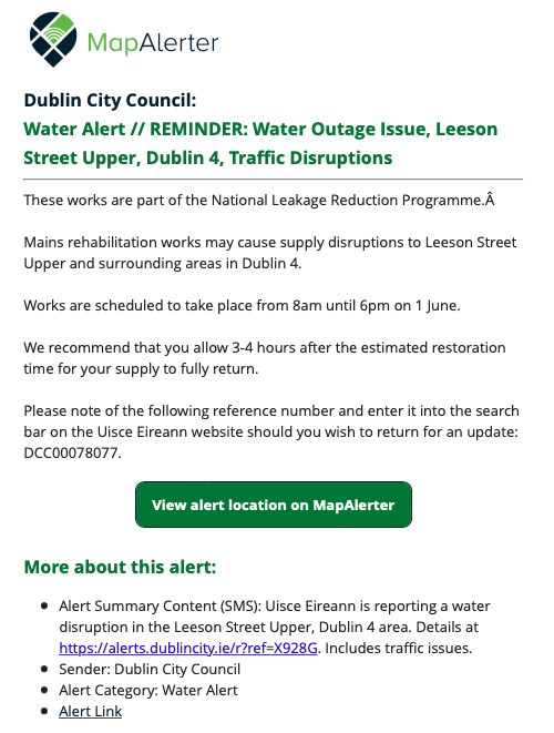 ulsaradublin's tweet photo. Water Alert // REMINDER: Water Outage Issue, Leeson Street Upper, Dublin 4, Traffic Disruptions.
Works are scheduled to take place from 8am until 6pm on 1 June.
Get updates at
https://t.co/sys43p9W0h https://t.co/8nJhmEL9aO