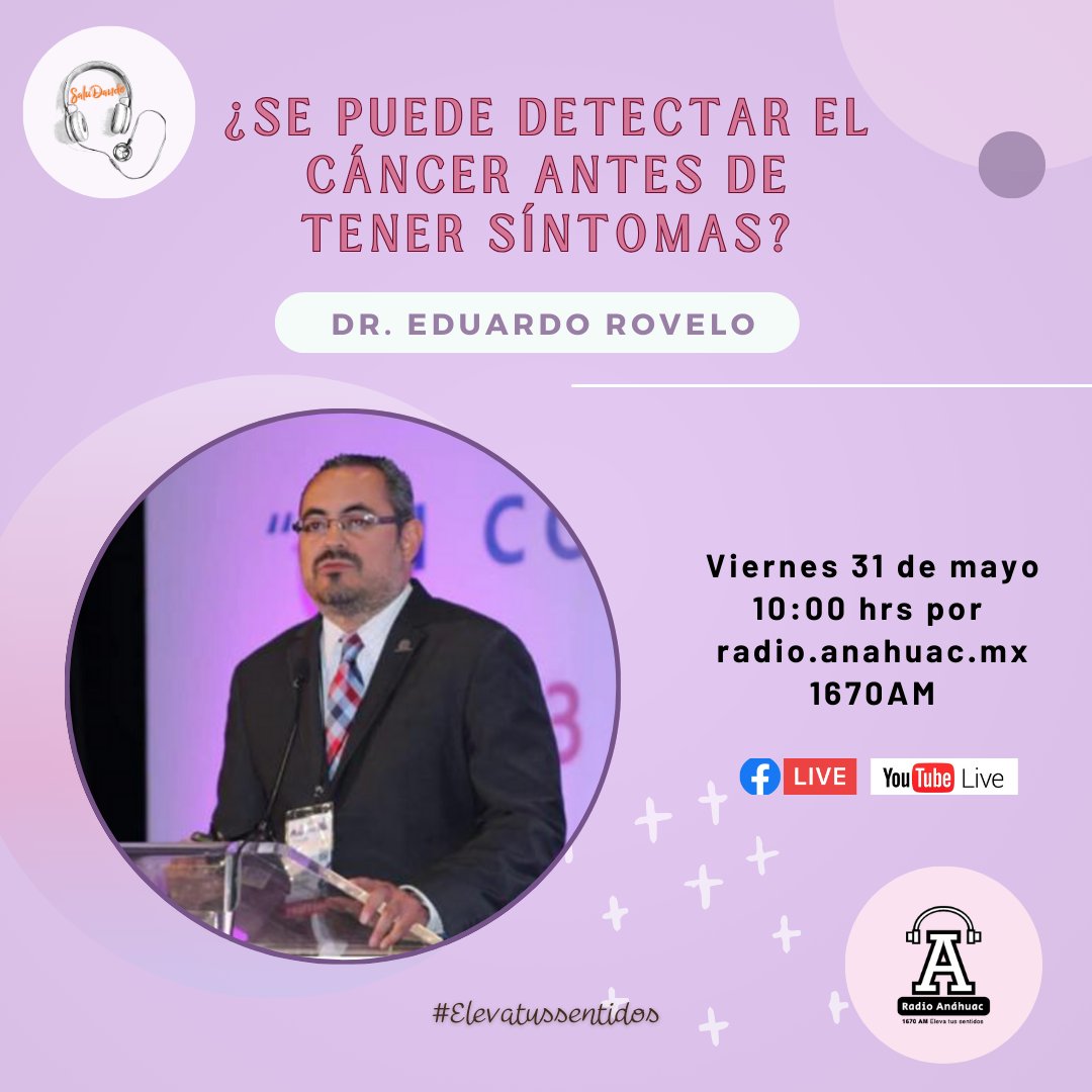 #Transmisión: ¿Se puede detectar el cáncer antes de tener síntomas?. Este #viernes en #SaluDando hablaremos sobre esto con el Dr. Eduardo Rovelo. ¡Escúchalo! 🕔 10:00 💻 radio.anahuac.mx 🔵 Facebook bit.ly/3Ri6Rnj 🔴 YouTube bit.ly/3yRSXBh